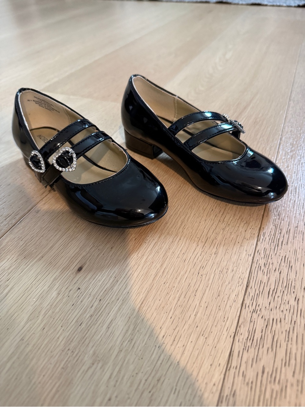 Girls Black Patent Double-Strap Dress Shoes with Heart Buckles